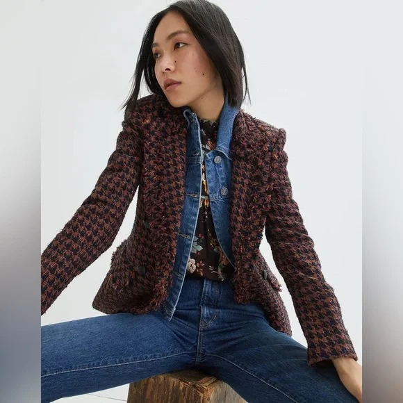 Veronica Beard Taja Dickey Jacket Size 4 Cognac Brown Tweed Houndstooth Blazer - Picture 15 of 16